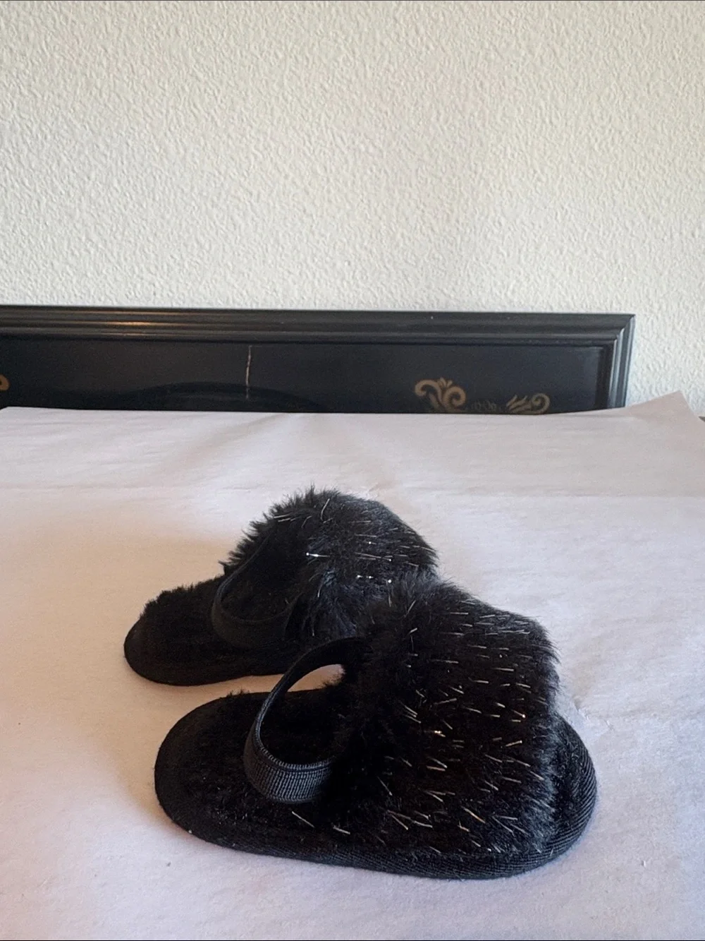 Black faux fur with silver tinsel newborn shoes